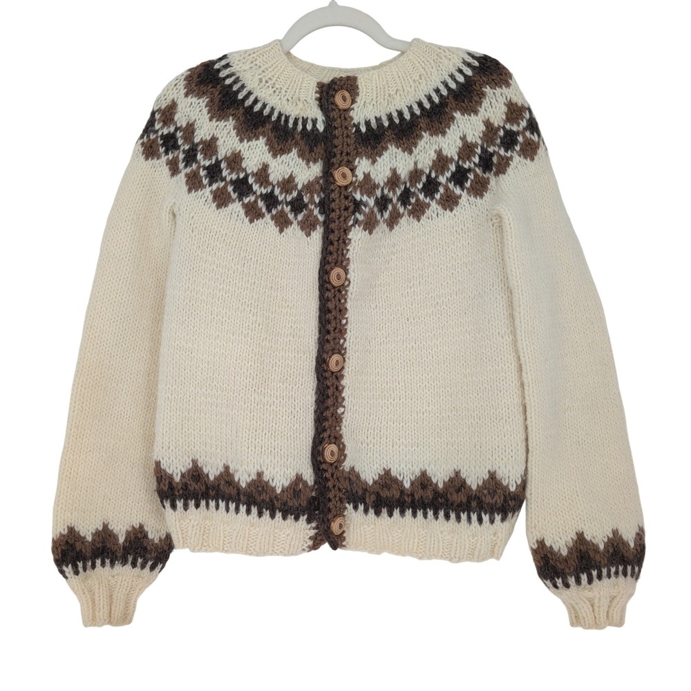 VTG Hand Knit Fair Isle Wool Cardigan Womens M Cream Brown Chunky Knit Nordic